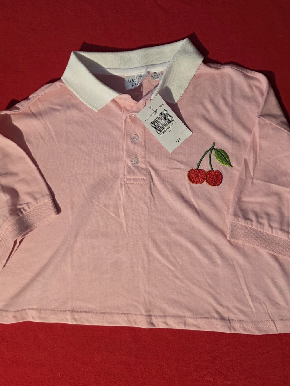 Mighty Fine Pink Polo Crop Top with Cherry Embroidery